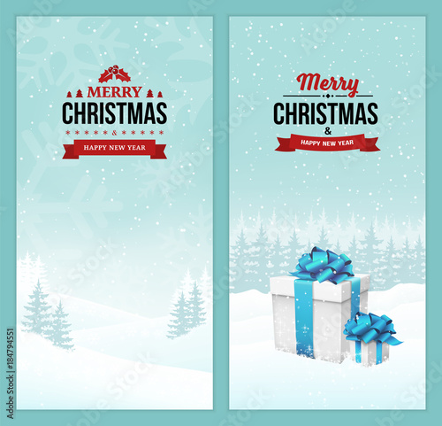 Merry Christmas and Happy New Year set of vertical banners with vintage badges on the holiday winter scene landscape background with falling snow, trees, snowflakes, and gift boxes. Vector.