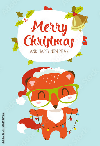 vector cartoon style winter christmas hew year red fox greeting card