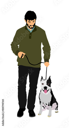 Owner man keeps on the leash American Staffordshire pit bull terrier dog champion on the stage vector illustration isolated. Staffordshire running dog show exhibition.