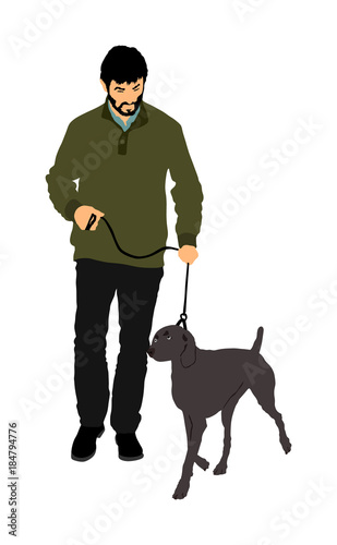 Owner man keeps on the leash hunting dog champion on the stage vector illustration isolated. Dog show exhibition. 