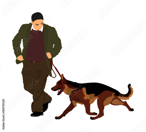 Owner keeps the dog on the leash. German Shepherd running, champion dog vector illustration isolated. Dog show exhibition. Finder detects explosives and drugs. Rescue activity dog for finding survive.