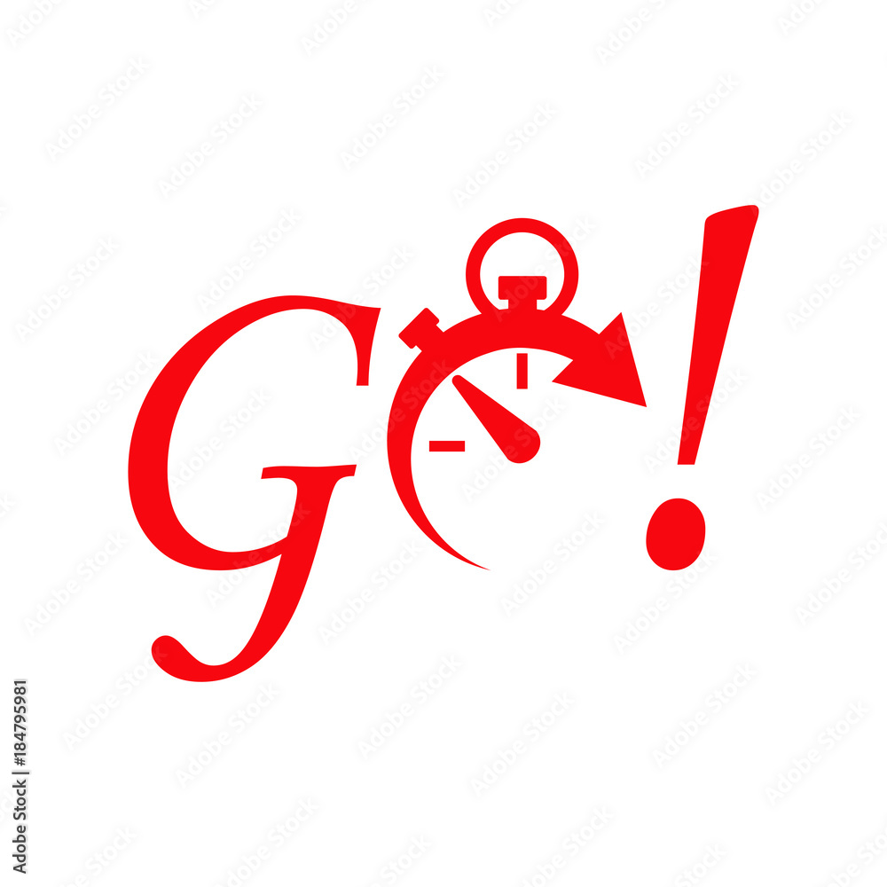 Icono plano GO con cronometro rojo en fondo blanco Icono plano GO con cronometro rojo en fondo blanco