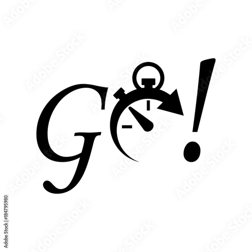 Icono plano GO con cronometro negro en fondo blanco