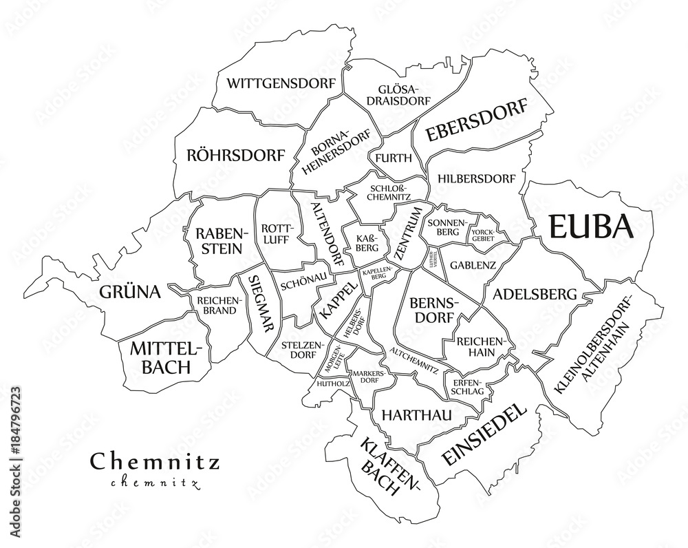 Modern City Map - Chemnitz city of Germany with boroughs and titles DE outline map