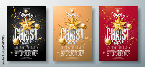 Vector Merry Christmas Party Flyer Illustration with Holiday Typography Elements and Gold Ornamental Ball, Cutout Paper Star on Clean Background. Celebration Poster Design Template Set of Three