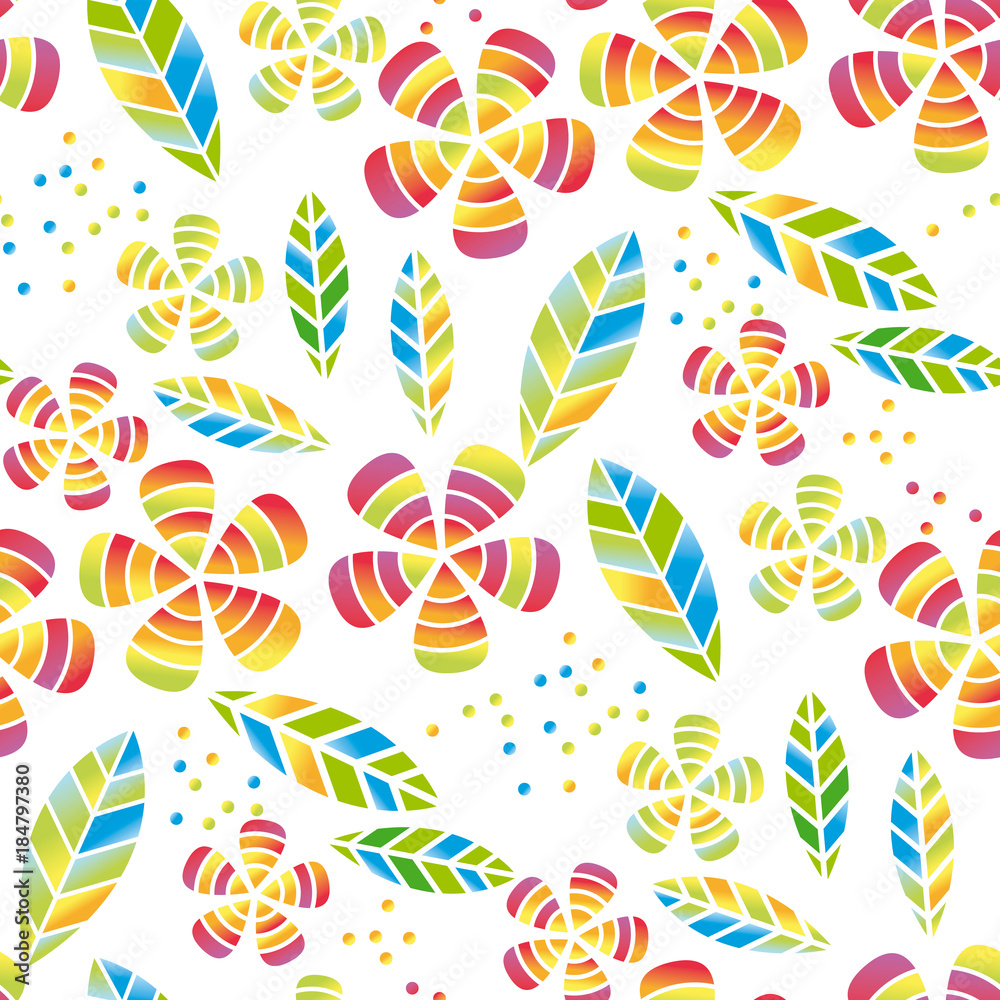 Tropical flowers and leaves simple and decorative vector seamless element for surface design, wrapping paper. Summer colorful cute style floral pattern illustration on white background