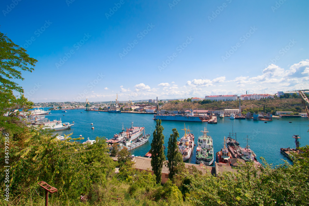 Beautiful view of the southern bay from the observation platform of Sevastopol in the Crimea on a clear sunny day