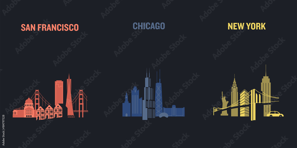 Skyline illustration of three american cities, San Francisco, Chicago and New York. Flat vector design.