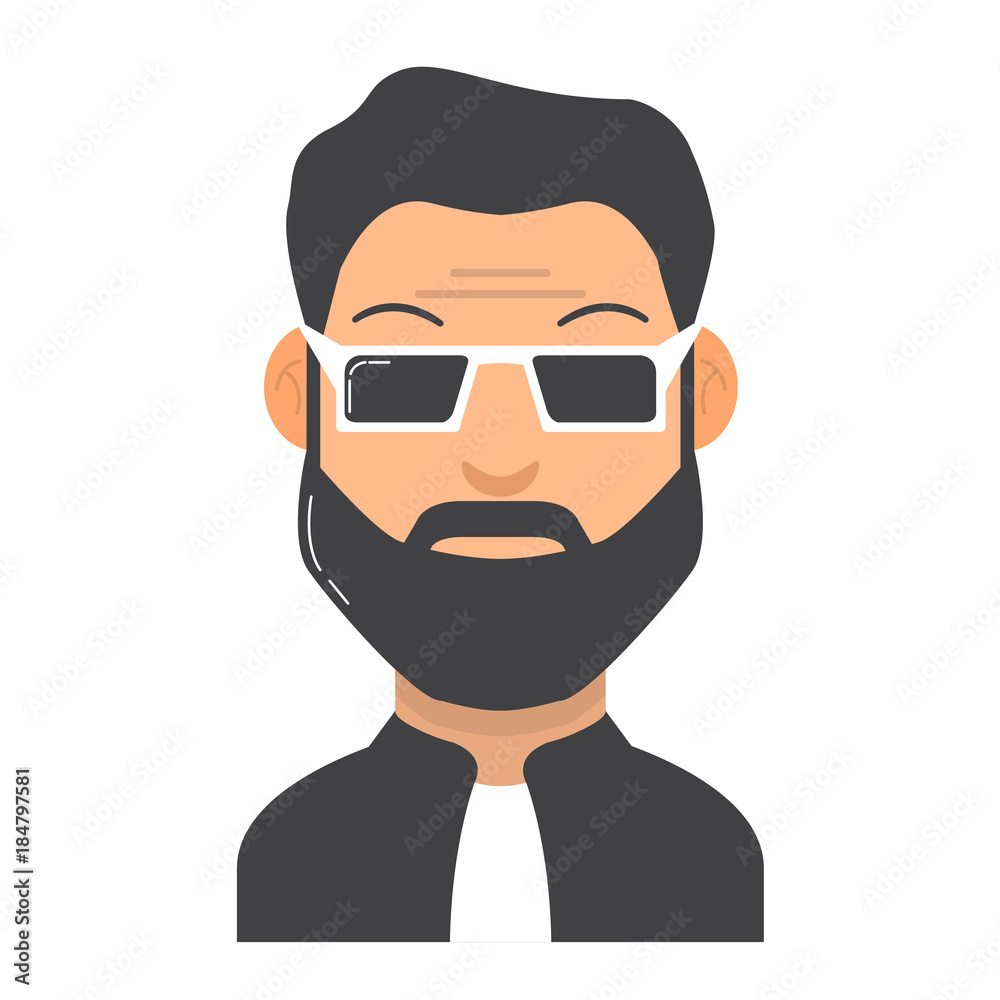 The young man with a beard in sunglasses. Avatar cartoon. Character guy with the person and moustaches. In flat style a vector. The young man with a beard in sunglasses. Avatar cartoon. Character guy with the person and moustaches. In flat style a vector.