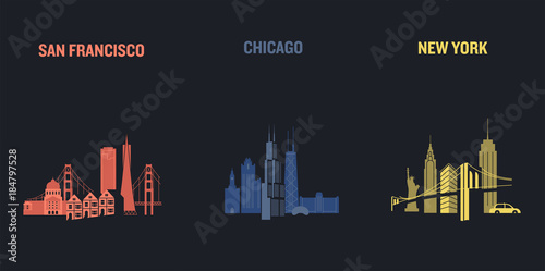 Skyline illustration of three american cities, San Francisco, Chicago and New York. Flat vector design.