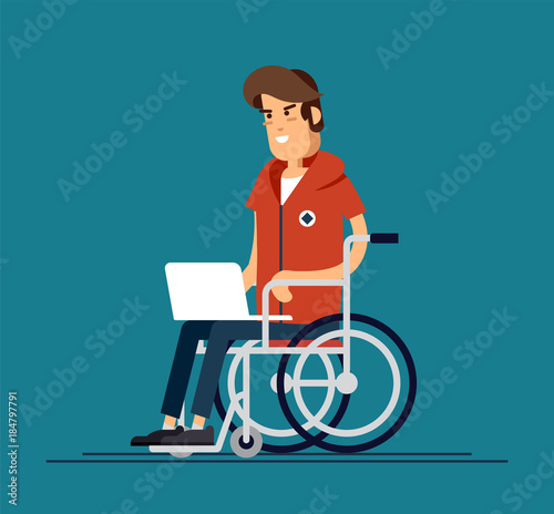 Disabled young man in wheelchair working with computer. Productive online job. Disability, social policy concept