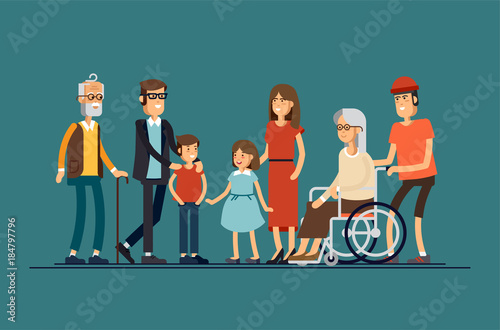 Big modern family vector flat design illustration. Relatives standing together. Grandparents, mother, father, siblings.
