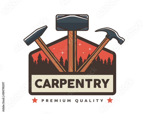 Isolated vintage woodwork carpentry logo badge emblem illustration, suitable for workshop, carpentry, furniture, architecture, craftman, and other industrial bussiness related. 