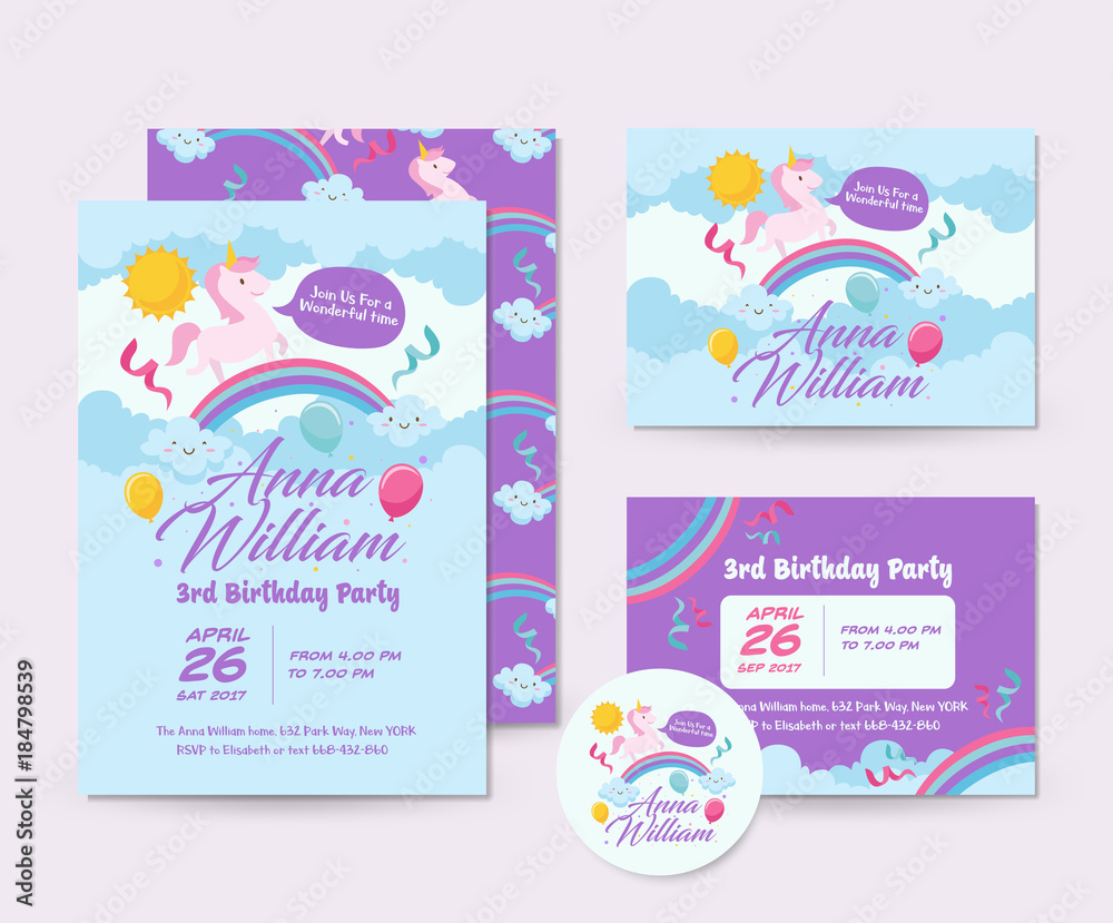 Cute Unicorn Theme Happy Birthday Invitation Card Set And Flyer Illustration Template Cute Unicorn Theme Happy Birthday Invitation Card Set And Flyer Illustration Template