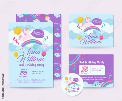 Cute Unicorn Theme Happy Birthday Invitation Card Set And Flyer Illustration Template