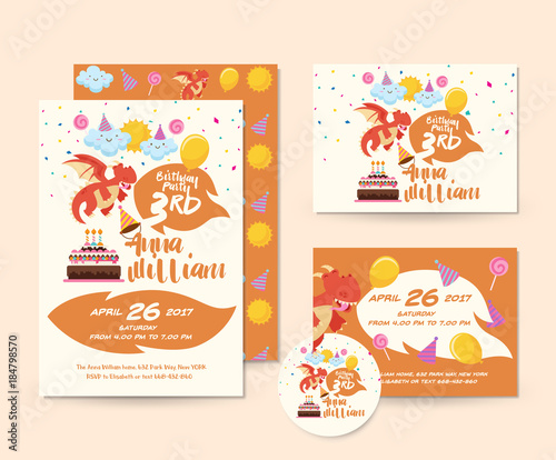 Cute Dragon Theme Happy Birthday Invitation Card Set And Flyer Illustration Template