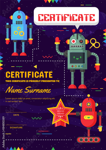 Cute Children Robotic Class Certificate Of Achievement And Appreciation Template
