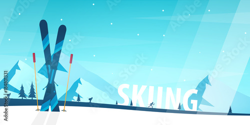 Winter Sport. Ski and Snowboard. Mountain landscape. Sportsman ski slope down. Vector illustration.