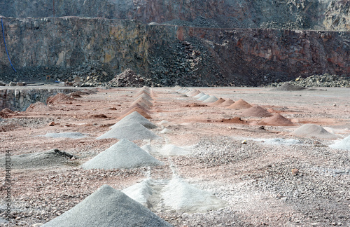 Photos active quarry mine of porphyry rocks. digging.