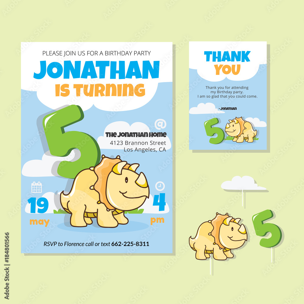 Cute Dinosaur Theme 5th Birthday Party Invitation And Thank You Card ...