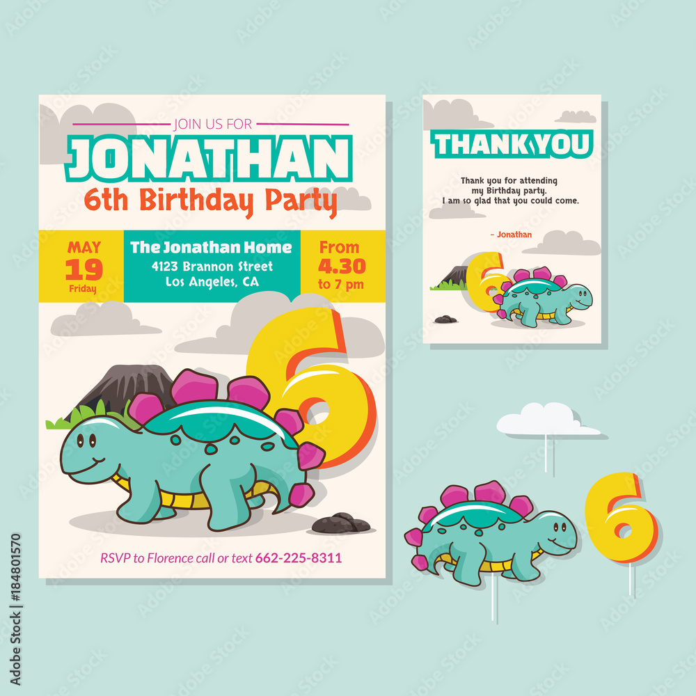Cute Dinosaur Theme 6th Birthday Party Invitation And Thank You Card Illustration