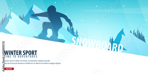 Winter Sport. Ski and Snowboard. Mountain landscape. Snowboarder in motion. Vector illustration.