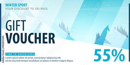 Gift voucher with diagonal lines and a place for the image. Universal flyer template for advertising winter sport.