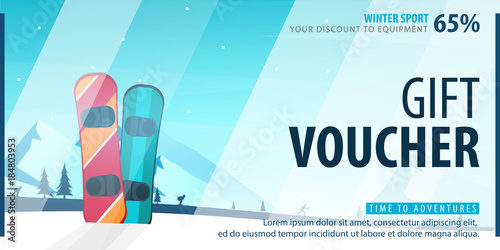 Gift voucher with diagonal lines and a place for the image. Universal flyer template for advertising winter sport.