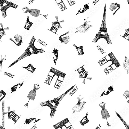 Seamless pattern of sketch style France themed objects. Vector illustration isolated on white background.