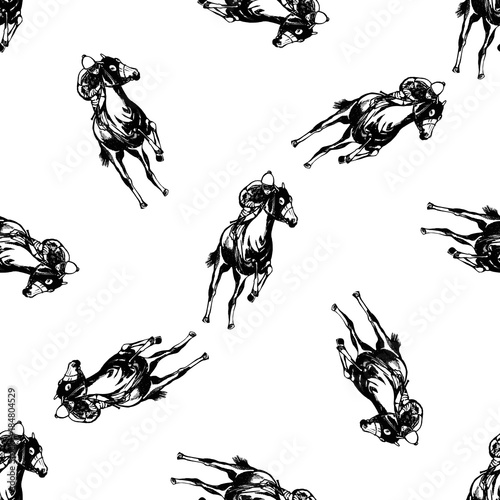 Seamless pattern of hand drawn sketch style jockey on a horse. Vector illustration isolated on white background.