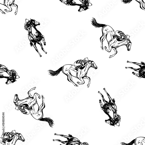 Seamless pattern of hand drawn sketch style jockeys on a horses. Vector illustration isolated on white background.