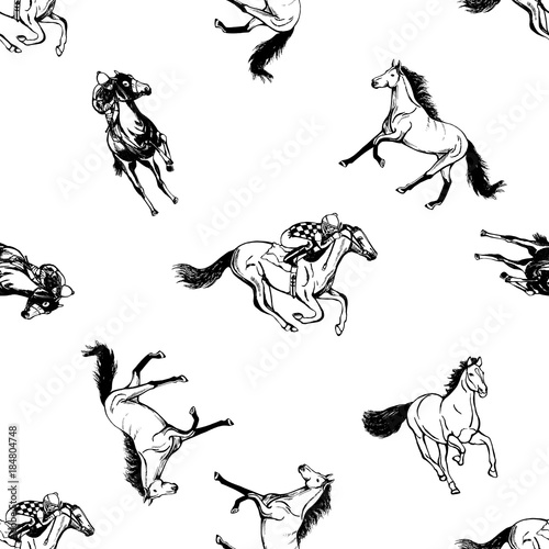 Seamless pattern of hand drawn sketch style horses and jockeys on horses. Vector illustration isolated on white background.