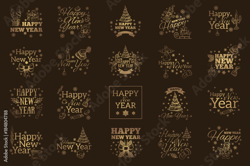 Happy New Year. Set of typographic elements for greeting cards  invitations and other items.