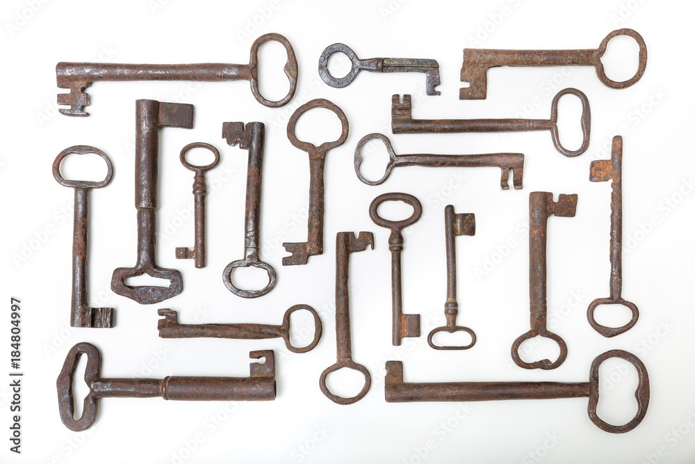 Top view of vintage Keys Collection Isolated On White Background, High quality image