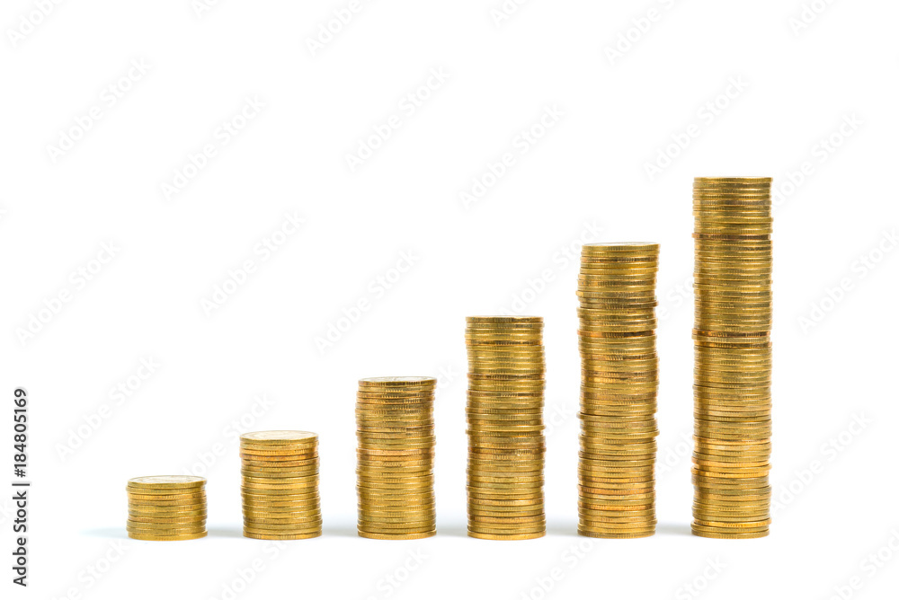 Increasing columns of coins, step of stacks coin isolated on white background with copy space for business and financial concept. Increasing columns of coins, step of stacks coin isolated on white background with copy space for business and financial concept.