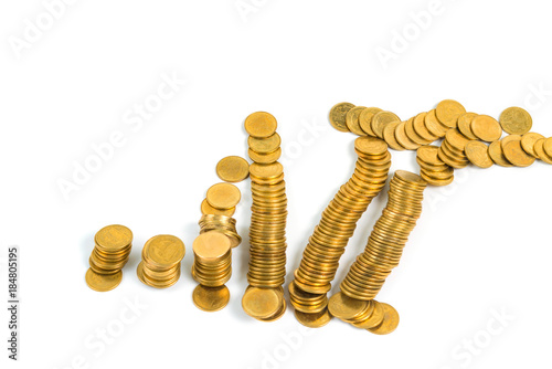 Unstable risky stack of coin on white background for money and financial business is not stable concept.