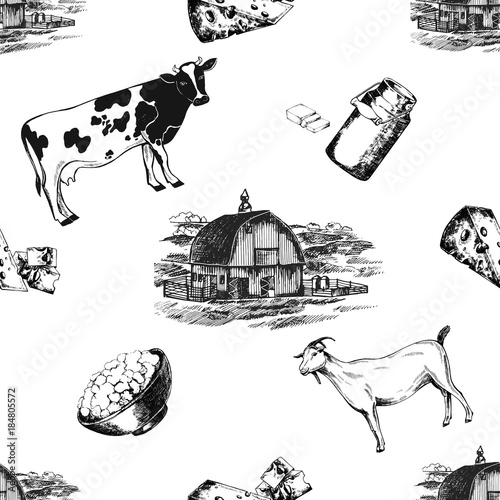 Seamless pattern of hand drawn sketch style milk farm related objects. Vector illustration isolated on white background.