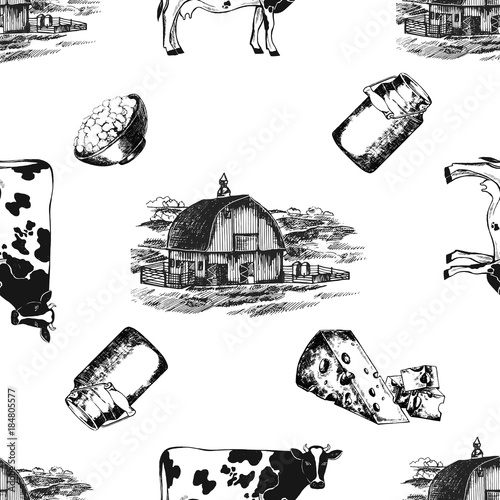 Seamless pattern of hand drawn sketch style milk farm related objects. Vector illustration isolated on white background.