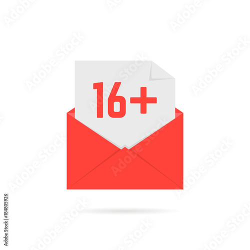 16 plus icon in red open letter on white background