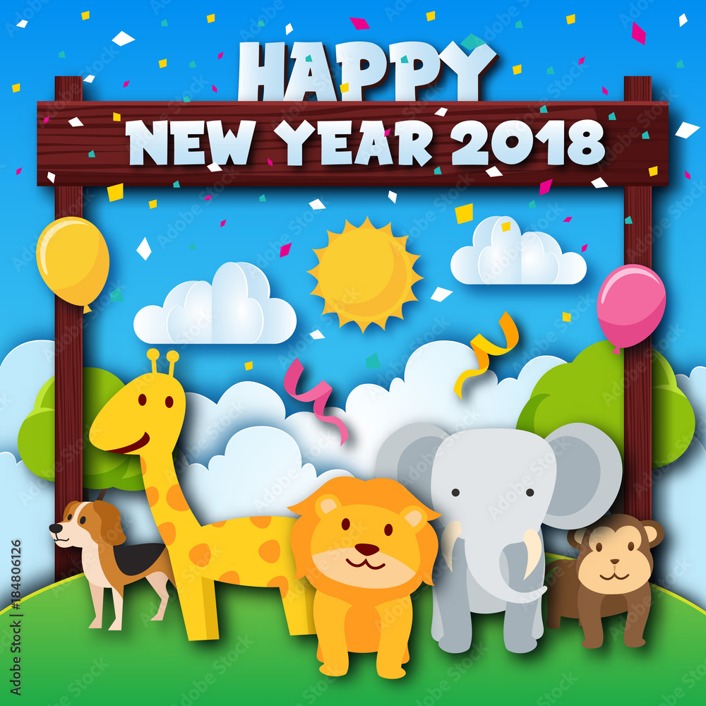 Obraz premium Cute Cheerful Zoo Animal Theme Happy New Year 2018 Paper Art Card Illustration, Suitable for Children Greeting Card, Party Invitation, And Social Media