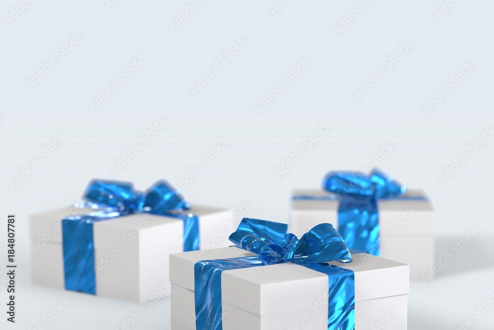 Christmas New Year colorful gift boxes with bows of ribbons on the white background. 3d illustration with space for your text Christmas New Year colorful gift boxes with bows of ribbons on the white background. 3d illustration with space for your text