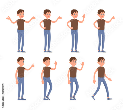 A young man in the cartoon style dressed in casual clothes is in different poses