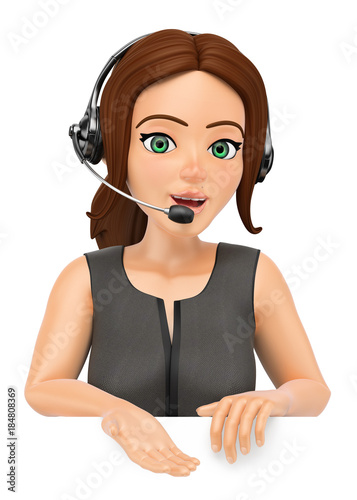 3D Call center operator with headphones pointing down photo