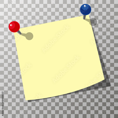 A yellow sheet of paper for notes pinned by two push pin on a transparent background. Vector illustration