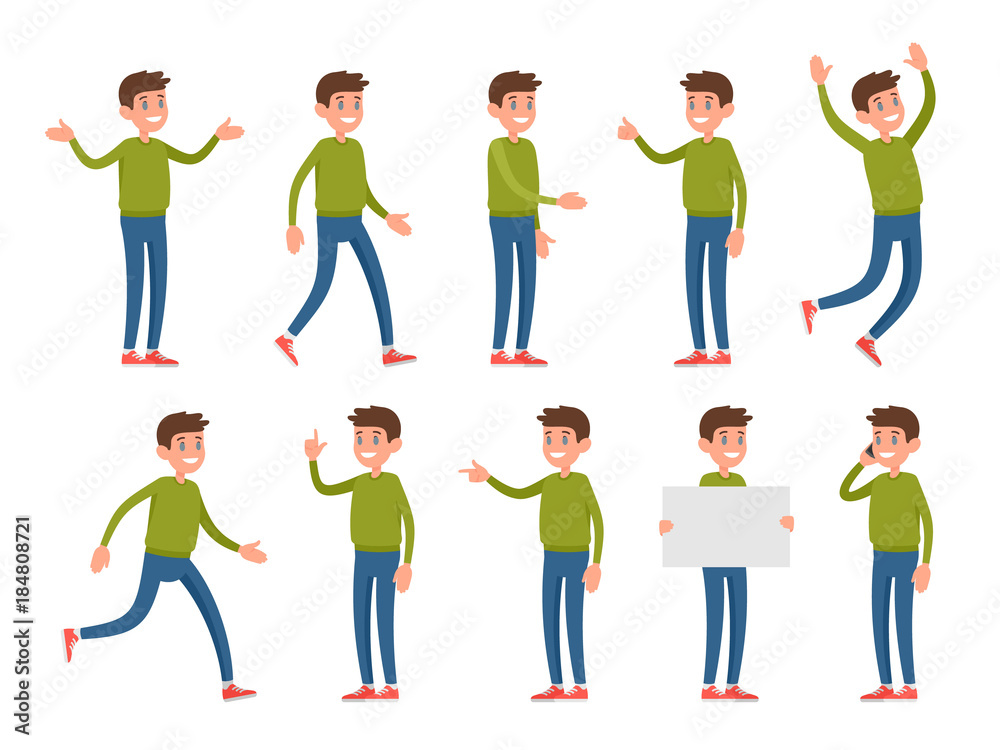 A man in cartoon style dressed in casual clothes. Set of vector characters in different poses and gestures. Caucasian guy in a sweater, jeans and sneakers.