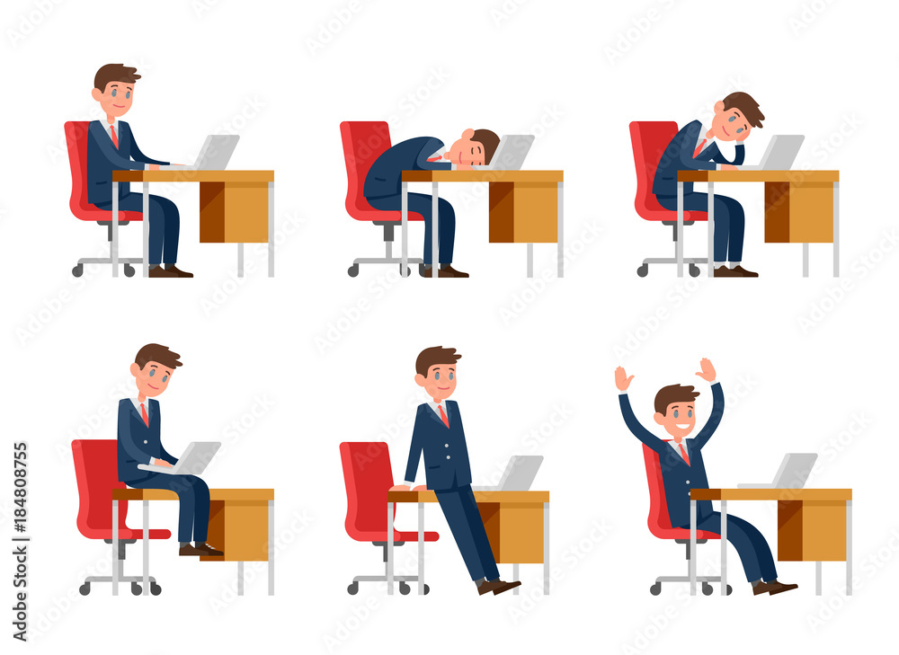 Businessman in suit working on laptop. The office worker sits at the desk. A man in the workplace sits, sleeps, bores, rejoices.