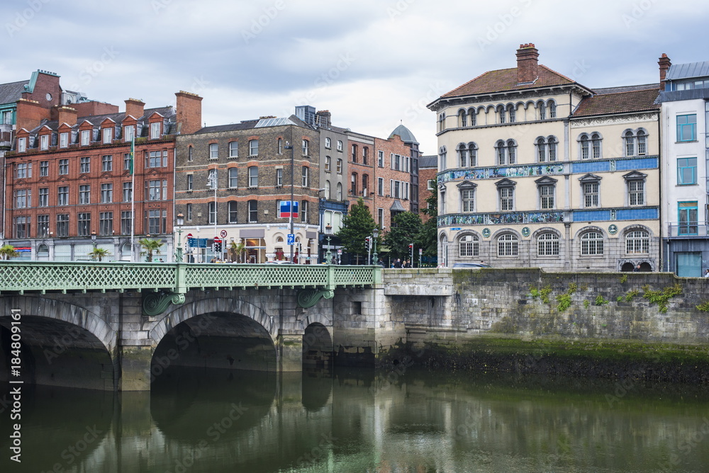 Historical center of Dublin. Grattan bridge over river liffe