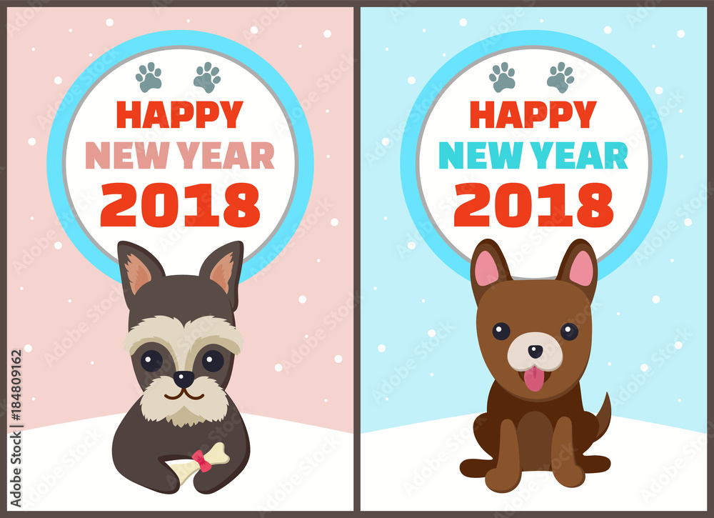 Happy New Year 2018 Dogs Set Vector Illustration Happy New Year 2018 Dogs Set Vector Illustration