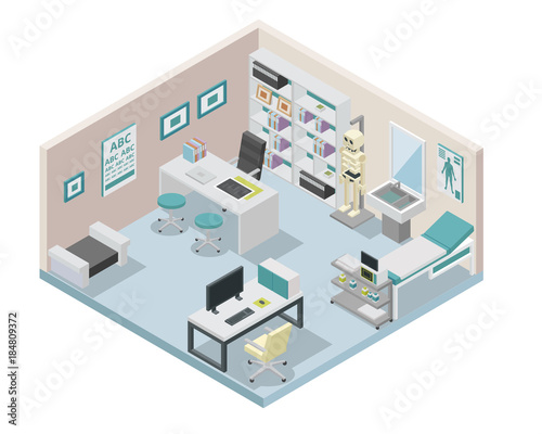 Modern creative doctor clinic office space interior design in isometric view