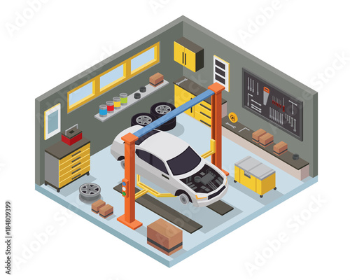 Modern Isometric Car Workshop Garage Interior Design in isometric view photo